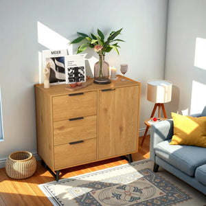 Sideboard Buffet Cabinet with Storage, Wood Coffee Bar Cabinet with 3 Drawers & Doors - Natural-31.5" W