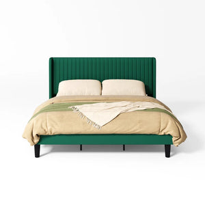 Upholstered Wingback Platform Bed, Queen / Green
