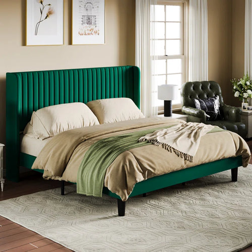 Upholstered Wingback Platform Bed, Queen / Green