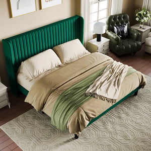 Upholstered Wingback Platform Bed, Queen / Green