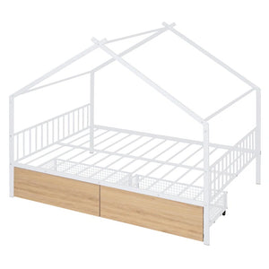 77” Alazia Metal House Bed with Two Drawers, White