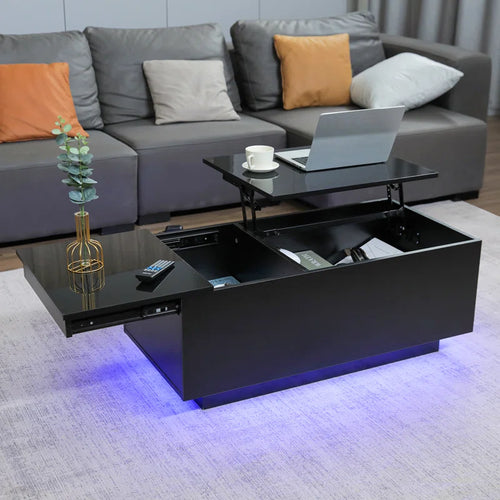 Anushree Lift Top Coffee Table with Charging Station, RGB LED Lights and Hidden Storage, Black