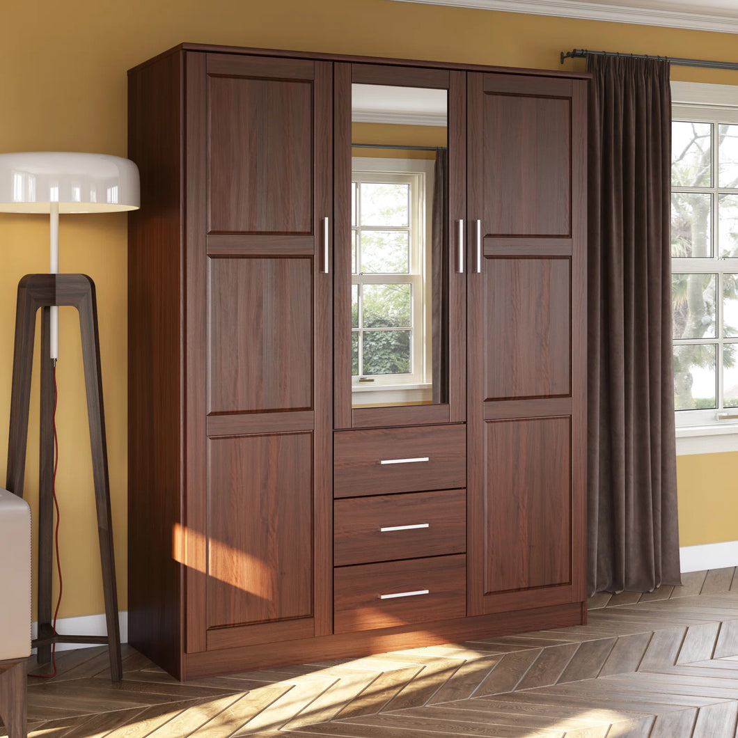 Aveah 100% Solid Wood 3-door Wardrobe Armoire with Mirrored Door, Mocha