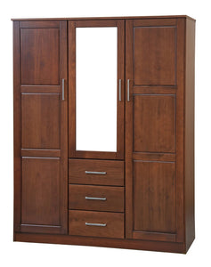 Aveah 100% Solid Wood 3-door Wardrobe Armoire with Mirrored Door, Mocha