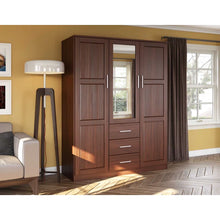 Load image into Gallery viewer, Aveah 100% Solid Wood 3-door Wardrobe Armoire with Mirrored Door, Mocha