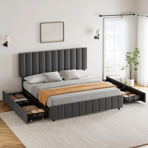 4 Storage Drawer KING Bed Frame With And Adjustable Headboard, Upholstered Platform Bed Frame
