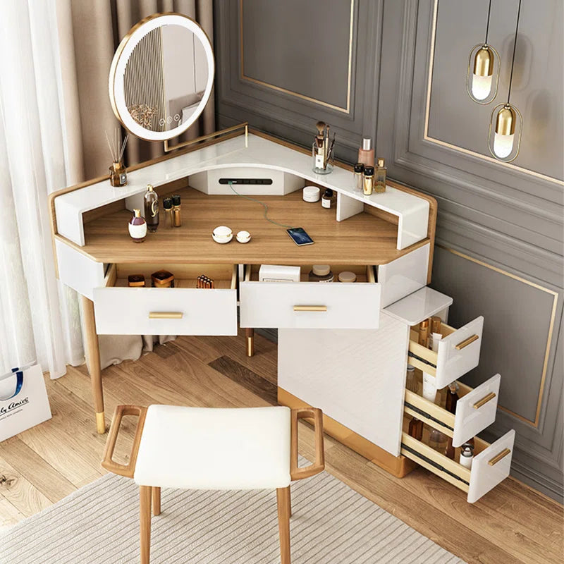 Berrydale Modern Corner Makeup Vanity Table with LED Mirror, Stool