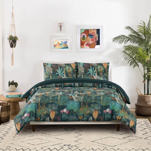Black/Brown/Green Standard Cotton Reversible 3 Piece Duvet Cover Set, KING