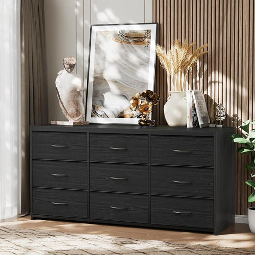 9 Drawer Black Dresser/TV Stand for 65 Inch TV, Wooden Top Side