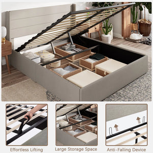 Braya Hydraulic Lift Up Storage Upholstered Platform Bed, KING/BEIGE