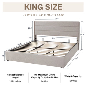 Braya Hydraulic Lift Up Storage Upholstered Platform Bed, KING/BEIGE