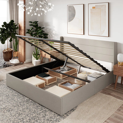 Braya Hydraulic Lift Up Storage Upholstered Platform Bed, KING/BEIGE
