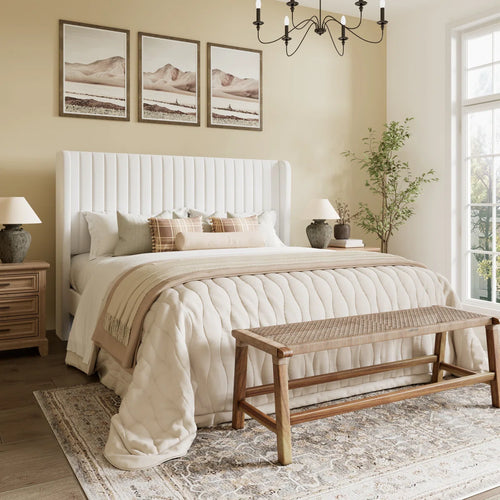 Candler Velvet Upholstered Platform Bed with Wingback Headboard and Wooden Slats FULL
