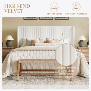 Candler Velvet Upholstered Platform Bed with Wingback Headboard and Wooden Slats FULL