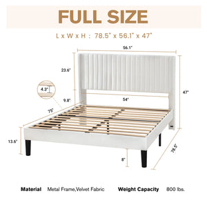 Candler Velvet Upholstered Platform Bed with Wingback Headboard and Wooden Slats FULL