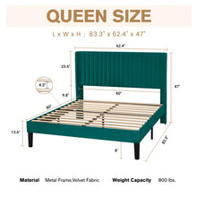 Load image into Gallery viewer, Queen Size Velvet Wingback Platform Bed, Wooden Slats