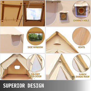 Canvas Wall Tent 14x16 FT w Frame, Fire Water Repellent 12 People For Camping