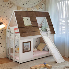 Load image into Gallery viewer, 80” Cozy and Fun Wood Twin Size House Bunk Bed with Window Roof Shape Design , Brown+White