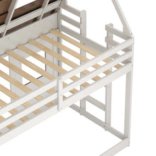 Load image into Gallery viewer, 80” Cozy and Fun Wood Twin Size House Bunk Bed with Window Roof Shape Design , Brown+White