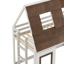 Load image into Gallery viewer, 80” Cozy and Fun Wood Twin Size House Bunk Bed with Window Roof Shape Design , Brown+White