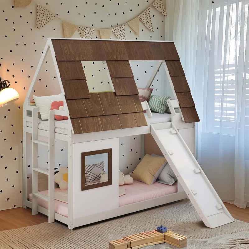 80” Cozy and Fun Wood Twin Size House Bunk Bed with Window Roof Shape Design , Brown+White