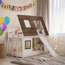 Load image into Gallery viewer, 80” Cozy and Fun Wood Twin Size House Bunk Bed with Window Roof Shape Design , Brown+White