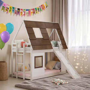 80” Cozy and Fun Wood Twin Size House Bunk Bed with Window Roof Shape Design , Brown+White