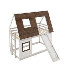 Load image into Gallery viewer, 80” Cozy and Fun Wood Twin Size House Bunk Bed with Window Roof Shape Design , Brown+White