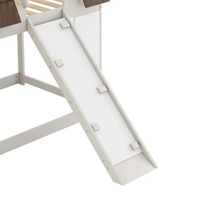 80” Cozy and Fun Wood Twin Size House Bunk Bed with Window Roof Shape Design , Brown+White