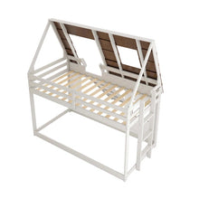 Load image into Gallery viewer, 80” Cozy and Fun Wood Twin Size House Bunk Bed with Window Roof Shape Design , Brown+White