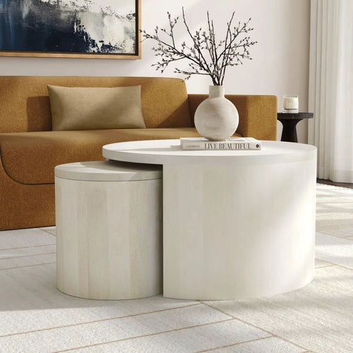 Cyrus Solid Wood Drum 2 Nesting Tables Set with Storage