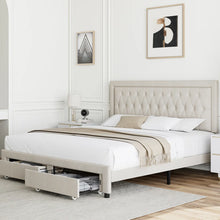 Load image into Gallery viewer, Emanuell Linen Upholstered Platform Bed with 2 Drawers, Storage Bed Frame With Tufted &amp; Height-Adjustable Headboard, KING/BEIGE