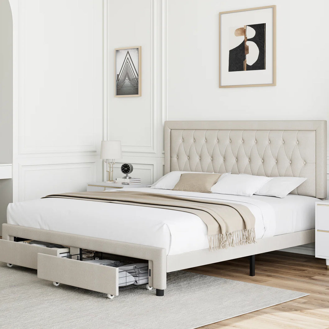 Emanuell Linen Upholstered Platform Bed with 2 Drawers, Storage Bed Frame With Tufted & Height-Adjustable Headboard, KING/BEIGE