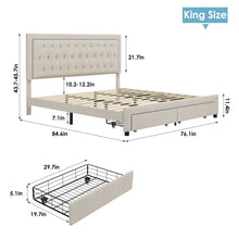Load image into Gallery viewer, Emanuell Linen Upholstered Platform Bed with 2 Drawers, Storage Bed Frame With Tufted &amp; Height-Adjustable Headboard, KING/BEIGE