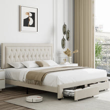 Load image into Gallery viewer, Emanuell Linen Upholstered Platform Bed with 2 Drawers, Storage Bed Frame With Tufted &amp; Height-Adjustable Headboard, KING/BEIGE