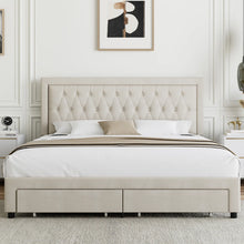 Load image into Gallery viewer, Emanuell Linen Upholstered Platform Bed with 2 Drawers, Storage Bed Frame With Tufted &amp; Height-Adjustable Headboard, KING/BEIGE