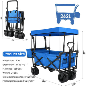 Extra Large Collapsible Wagon W/removable Canopy, 250lbs Foldable Garden Cart W/rear Storage, Big Wheel&adjustable Handles
