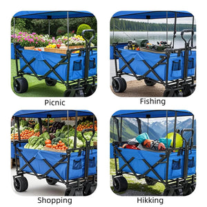 Extra Large Collapsible Wagon W/removable Canopy, 250lbs Foldable Garden Cart W/rear Storage, Big Wheel&adjustable Handles