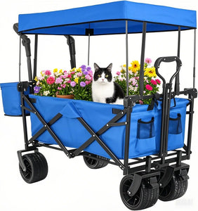 Extra Large Collapsible Wagon W/removable Canopy, 250lbs Foldable Garden Cart W/rear Storage, Big Wheel&adjustable Handles