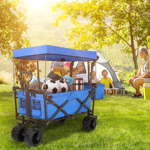 Extra Large Collapsible Wagon W/removable Canopy, 250lbs Foldable Garden Cart W/rear Storage, Big Wheel&adjustable Handles