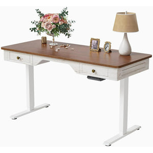 FEZIBO Whole Piece Farmhouse Style Standing Adjustable Desk with 2 Drawers, 55 x 24 Inches Sit Stand Electric Home Office Desk, Sandalwood Washed White