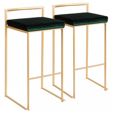 Load image into Gallery viewer, 31&quot; Fuji Contemporary Glam Stackable Barstools (Set of 2) Gold/Green Velvet - Lumisource