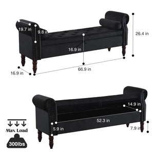 67" Gelson Velvet Upholstered with Arms for End of Bed, Black