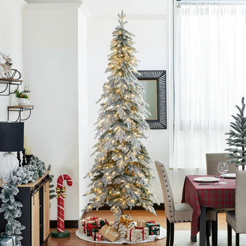 9' Hersi Slender Flocked/Frosted Spruce Christmas Tree with LED Lights