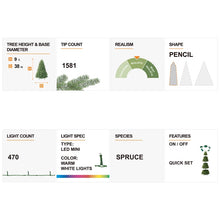 Load image into Gallery viewer, 9&#39; Hersi Slender Flocked/Frosted Spruce Christmas Tree with LED Lights