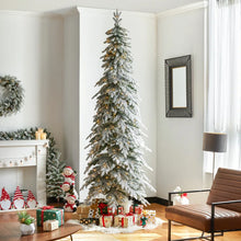 Load image into Gallery viewer, 9&#39; Hersi Slender Flocked/Frosted Spruce Christmas Tree with LED Lights