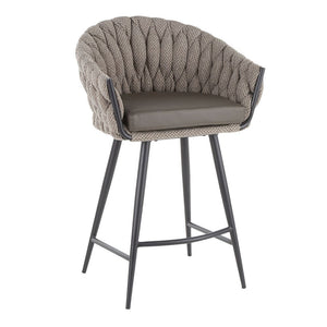 26" BRAIDED MATISSE CONTEMPORARY COUNTER STOOLS (SET OF 2)  IN BLACK METAL WITH GREY FAUX LEATHER AND GREY FABRIC