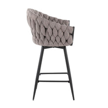 Load image into Gallery viewer, 26&quot; BRAIDED MATISSE CONTEMPORARY COUNTER STOOLS (SET OF 2)  IN BLACK METAL WITH GREY FAUX LEATHER AND GREY FABRIC
