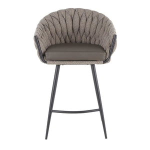 26" BRAIDED MATISSE CONTEMPORARY COUNTER STOOLS (SET OF 2)  IN BLACK METAL WITH GREY FAUX LEATHER AND GREY FABRIC