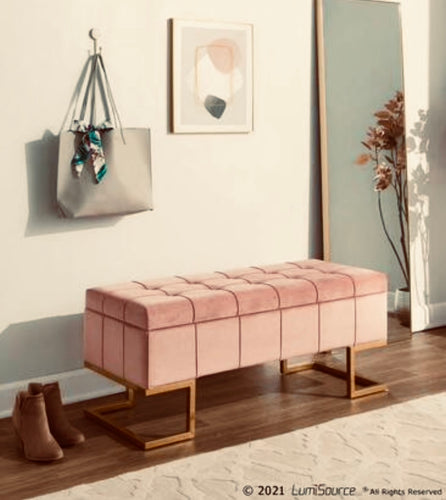 Midas Contemporary/Glam Storage Bench in Gold Steel and Pink Velvet by LumiSource.